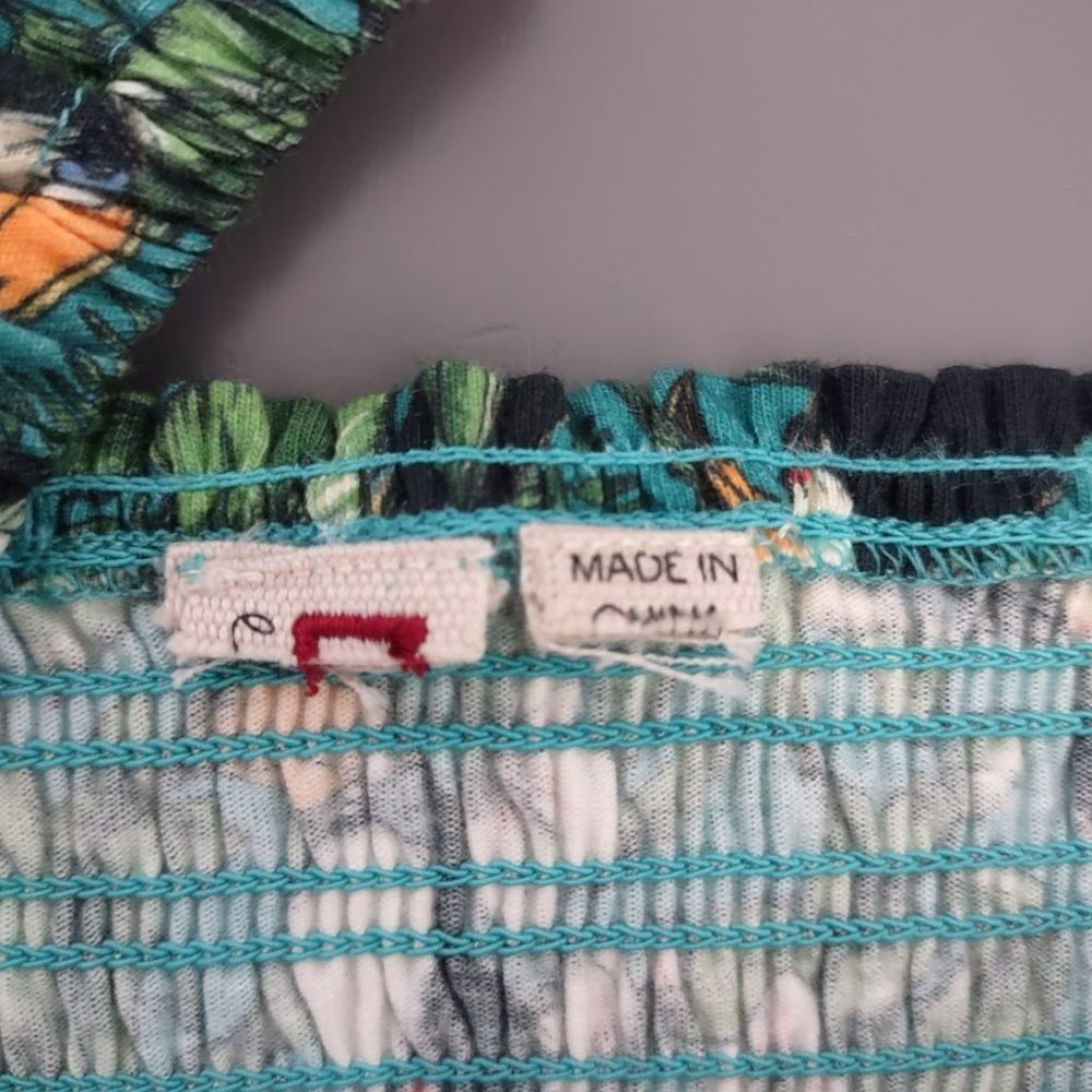 Dolan Left Coast Green Smocked Puffy Sleeve Tropical Print Summer Top - Picture 9 of 11